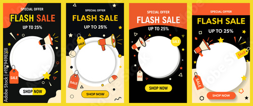 Discounted products are displayed on colorful posters during a flash sale event in a retail environment viewed from a customer perspective.