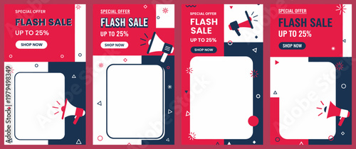 A flash sale advertisement template with megaphones and discounts displayed on a red and white background with various promotional graphics.