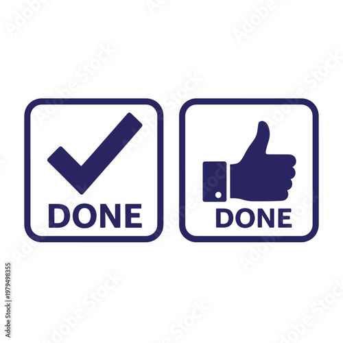 Dark blue checkmark and thumbs up symbols in rounded squares labeled done