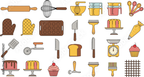 Baking Tools and Kitchen Utensils Vector Set with Mixer Oven Mitt and Cake Tools