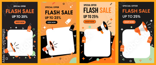 A promotional flash sale advertisement template with discount offers displayed on a vibrant background featuring colorful geometric patterns and shapes.