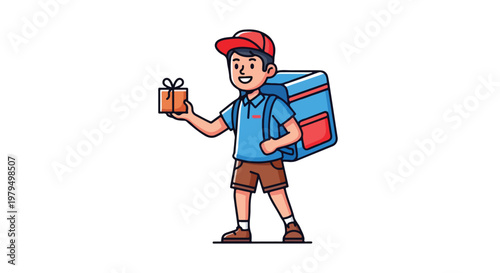 Friendly delivery man character holding small gift box, courier boy with thermal backpack vector illustration, professional shipping service worker in blue uniform isolated PNG with Transparent