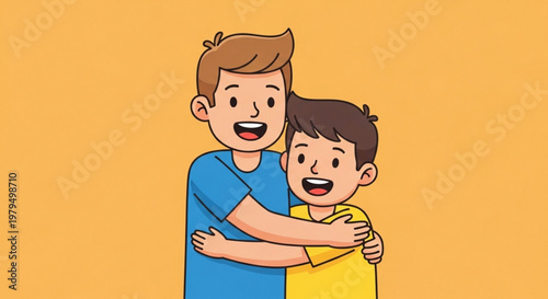 Two happy boys hugging each other with arms around smiling faces and colorful shirts on yellow background