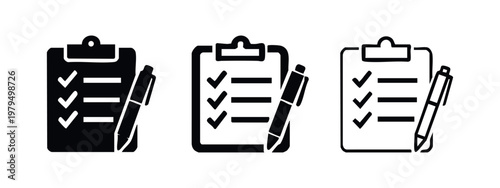 Survey Clipboard and Pen Icons Set - Questionnaire and Document Signature Vector Graphics