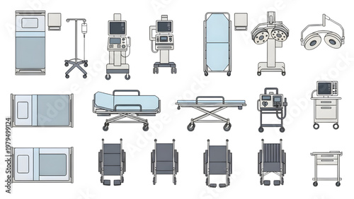 Top View Hospital Furniture and Medical Equipment Vector Set Beds Stretchers Wheelchairs Medical Devices Clean Minimal Healthcare Floor Plan Design