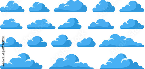 Blue cartoon cloud icons set, 18 flat vector cloud shapes for weather and sky backgrounds, stylized fluffy cumulus cloud collection for web design