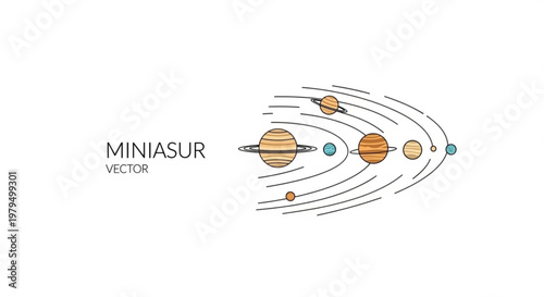 Planets and celestial bodies orbiting in space with curved trajectories and vibrant colors
