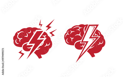 Red brain with lightning bolts, shock and strike symbols