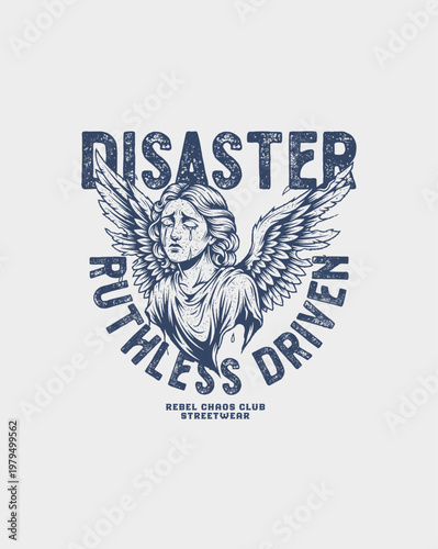 Vintage Angelic Figure with Wings and Text Graphic Design.