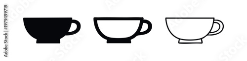 Three Teacup Icons: Solid Black, Outline with Stripes, and Thin Outline