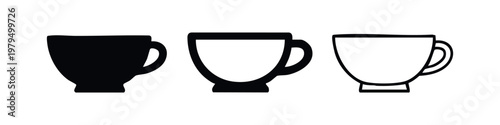 Three Teacup Icons: Solid Black, Outline with Stripes, and Thin Outline