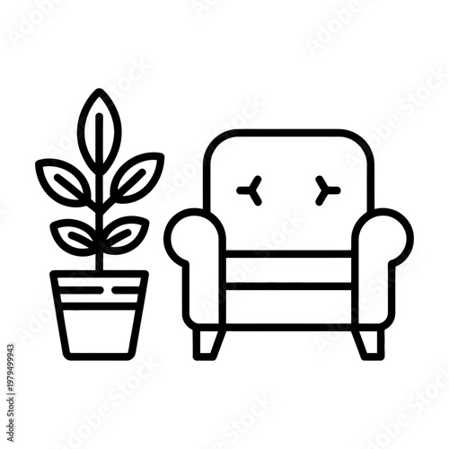 Modern vector of a comfortable armchair next to a potted plant in a minimalist design
