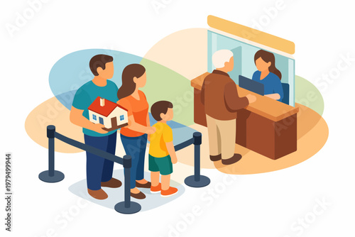 Family Waiting in Bank Line for Home Mortgage and Loan Application