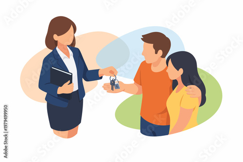 Real Estate Agent Handing New House Keys to Young Couple