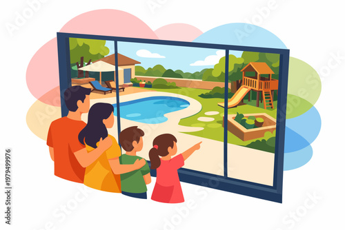 Happy Family Looking at Dream Backyard with Pool and Playground