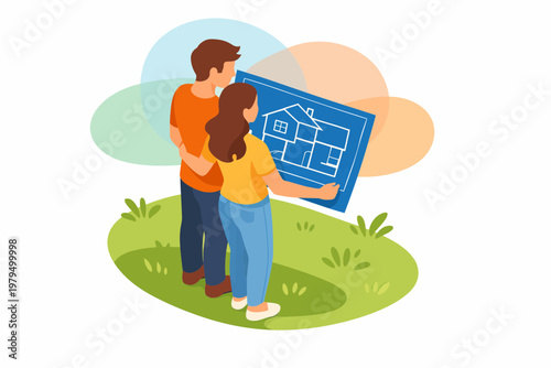 Young couple looking at house blueprint for their new dream home