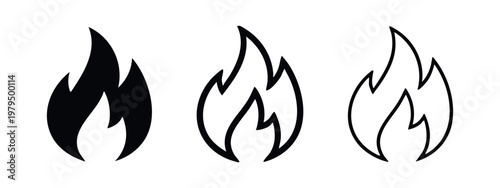 Billede på lærred Fire Flame Icon Set: Solid, Outline, and Wireframe Styles