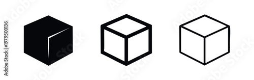 Cube Icon Set: Solid, Outline, and Wireframe Styles