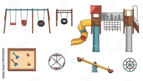 Top View Playground Equipment Vector Set Swings Slides Climbing Frames Sandbox Elements Colorful Flat Style Park School Layout Plan