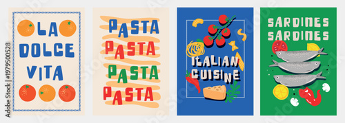 Dolce vita, Italian cuisine, food illustration, set of decorative posters and prints, minimal, creative vector illustration 