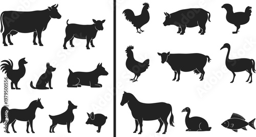 Animal silhouettes, farm domestic aquatic species, cow pig horse goat dog rabbit fish, black outline vector, rural concept art