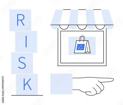 Business management, sustainability, retail risk, decision-making, economy, e-commerce. Shopfront with a bag a recycling symbol and blocks spelling risk. Business management and sustainability