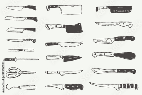 Kitchen knives set with different blades cooking tools hand drawn style