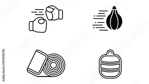 Boxing Elements: Illustrated elements for boxing featuring boxing gloves, punching bag, mat, and head guard. This illustration is a perfect fit for a design concept related to boxing, fitness, gym.