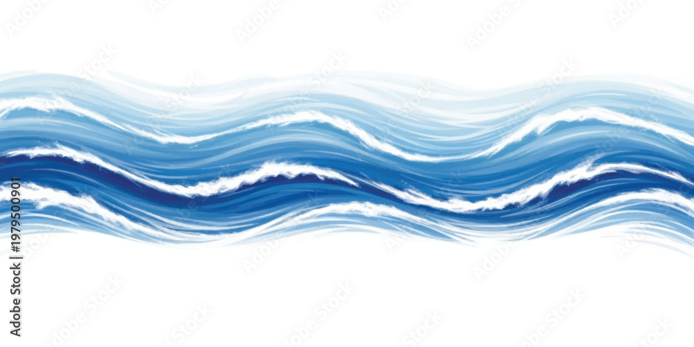 Fototapeta premium Abstract horizontal wave pattern with flowing blue and white brush strokes on a solid white background