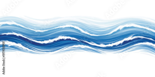Abstract horizontal wave pattern with flowing blue and white brush strokes on a solid white background