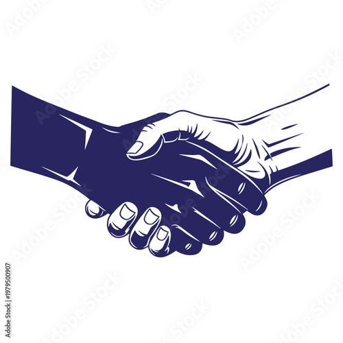 Dark blue, contrast handshake, two hands firmly shaking, bold lines, stylized shading, clean silhouette against solid white background