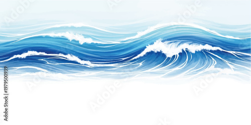 Blue ocean waves with white sea foam crests flowing across a horizontal frame on a light background water