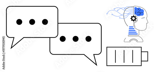 Artificial intelligence, digital communication, energy efficiency, neural networks, technology, brainstorming. Graphic of chat bubbles, a brain with gears and a battery. Artificial intelligence