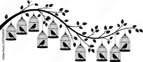 Birds in Hanging Cages on Tree Branch Silhouette Vector Illustration with Leaves, Freedom Concept, Nature Design, and Decorative Artistic Composition