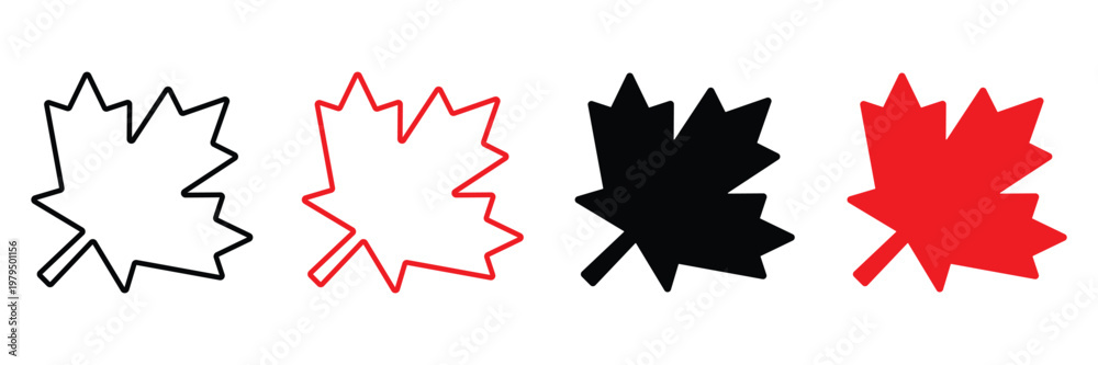 Fototapeta premium Maple leaf icons set with black and red colors in outline and solid silhouette style isolated on white background for autumn design vector illustration.
