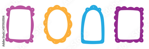 Fun doodle frame set with whimsical wavy edges in pink yellow blue and purple colors isolated creative design.