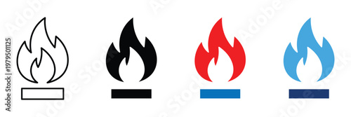 Gas stove burner flame icons set with blue red black and outline silhouette styles for kitchen cooking heat energy and industrial fuel vector illustration.
