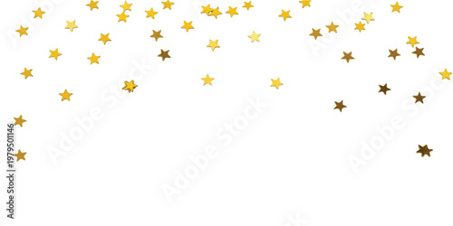 Scattered gold star shaped confetti pieces falling against a plain white background creating a festive border effect