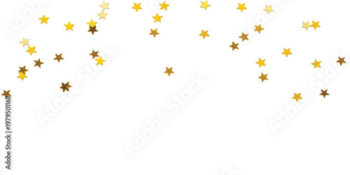 Scattered gold star confetti shapes arranged in an arch formation isolated on a plain white background