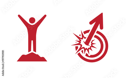 Red of a triumphant person and a breaking target with an upward arrow symbol human
