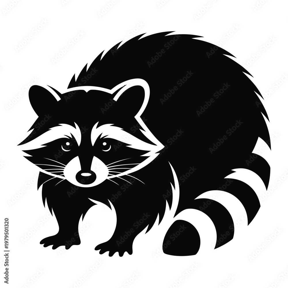 Obraz premium A striking black silhouette of a raccoon showcasing its masked face and bushy tail silhouette