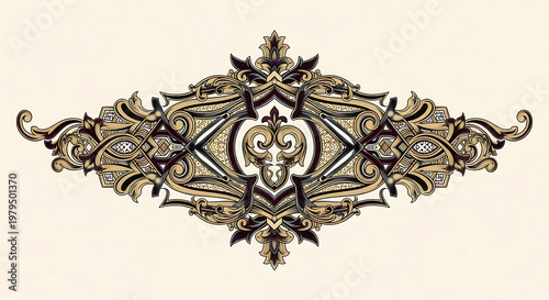 An intricate gold and black ornamental design on a cream background