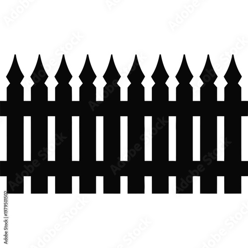 A simple black picket fence design against a white backdrop presented as a silhouette