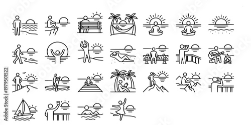 icon set collection of sunset relaxation activities showing people meditating, hiking, sailing, reading, and enjoying coastal views during golden hour.