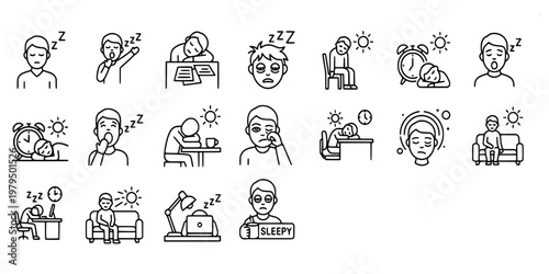 icon set collection of tiredness and sleep problems showing yawning people, insomnia, fatigue at work, morning alarms, and exhaustion symptoms.