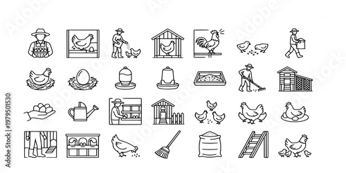 icon set collection of poultry farming featuring hens, roosters, eggs, chicken coops, farmers, and organic livestock agriculture equipment symbols.