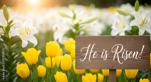 Easter lily bouquet with wooden sign celebrating the resurrection of jesus christ