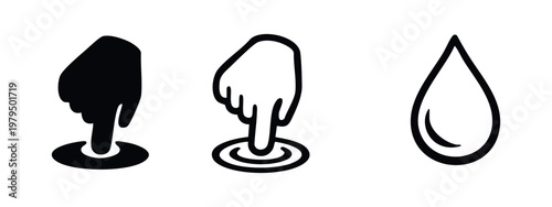 Hand touching a surface and a water droplet icon, indicating interaction and liquid