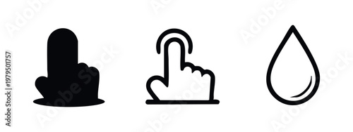 Pointer finger interacting with a surface and a water droplet, touch and liquid icon