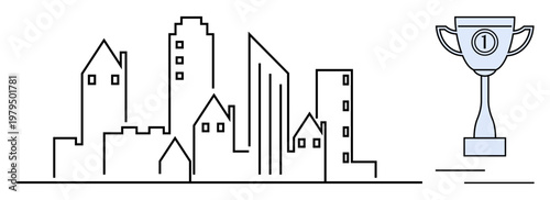 Achievement concept. Urban skyline paired with a trophy success. Achievement in business, sports, or community goals. Ideal for corporate, educational, and promotional designs. success business